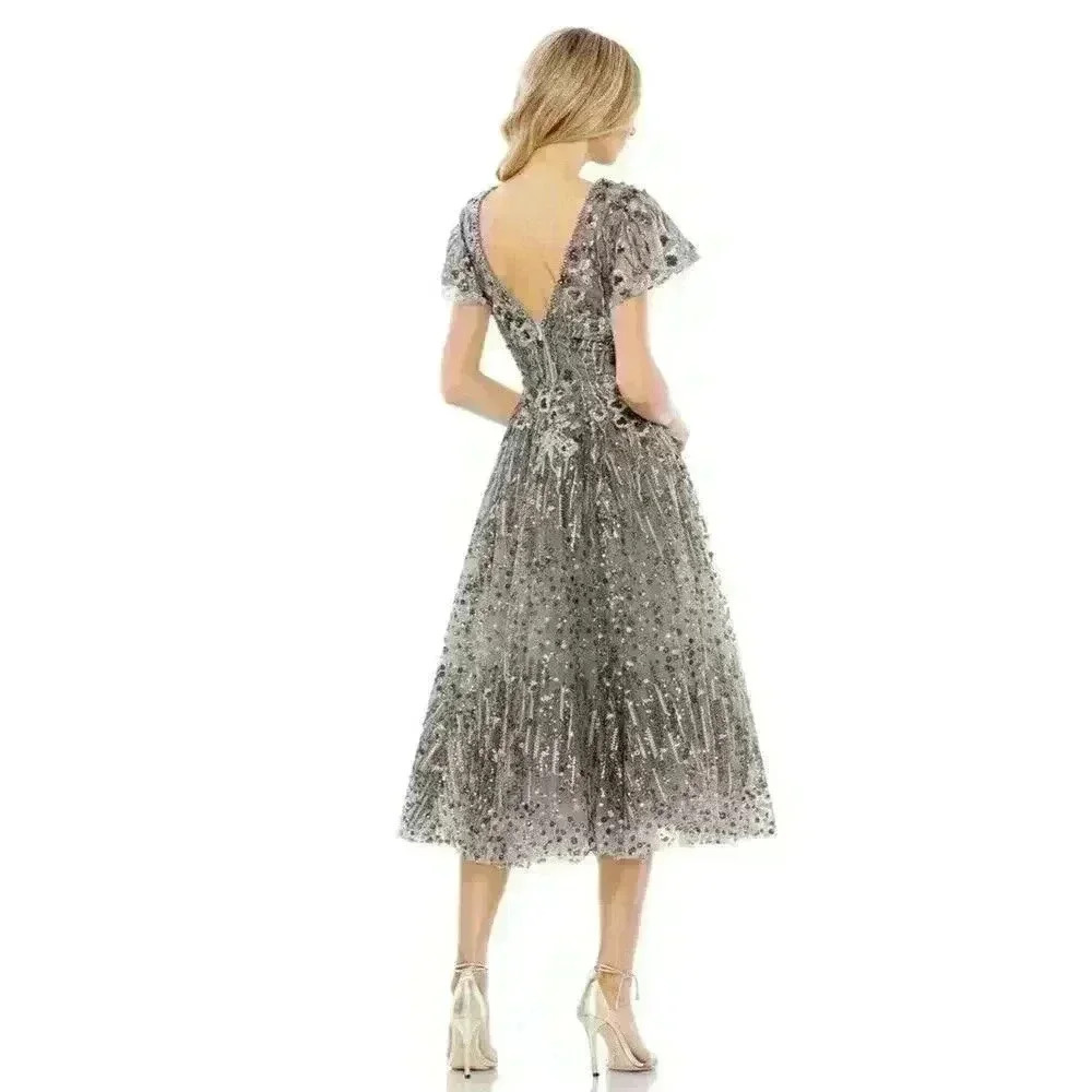 Mac Duggal 20392 Embellished Butterfly Fit Flare Tea Length Dress 14 L Gunmetal - Picture 2 of 8